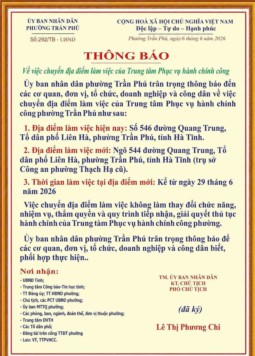 Trung tâm phục vụ hành chính công phường Trần Phú chuyển địa điểm làm việc
