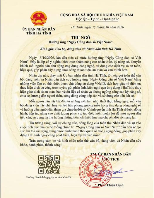 Hưởng ứng Ngày Công dân số Việt Nam 15/10/2026 của Chủ tịch UBND tỉnh