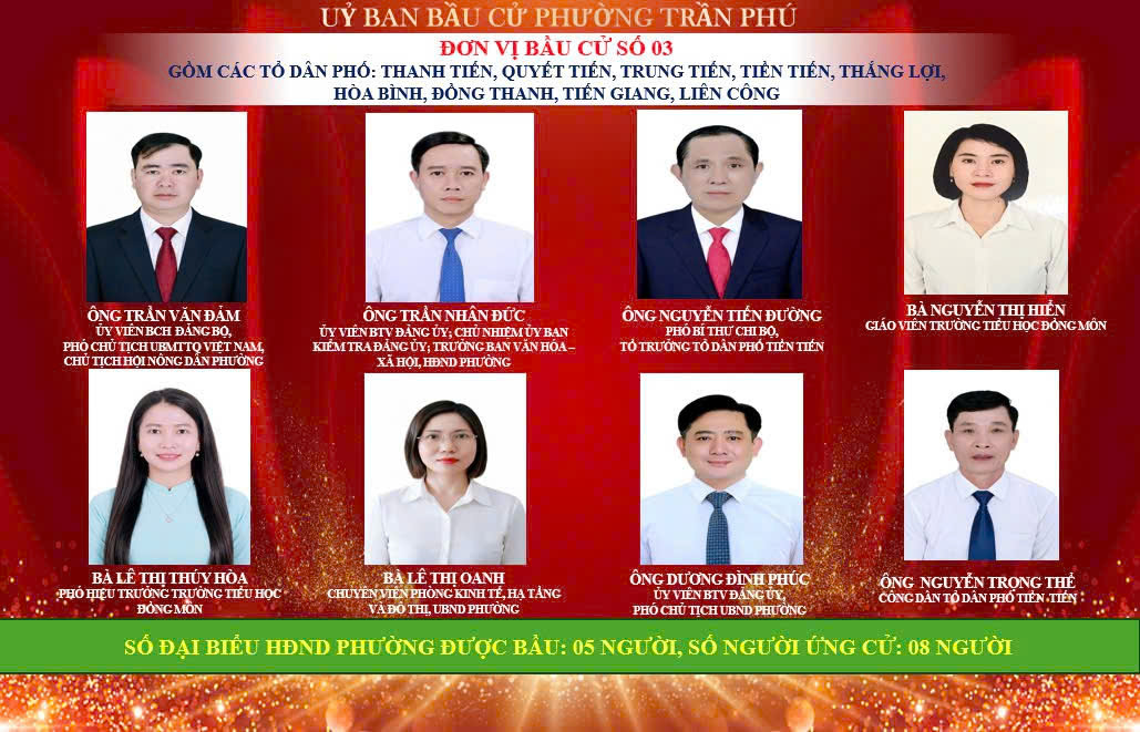 Ủy ban bầu cử phường Trần Phú trân trọng giới thiệu các đồng chí ứng cử đại biểu HĐND phường tại đơn vị bầu cử số 03 