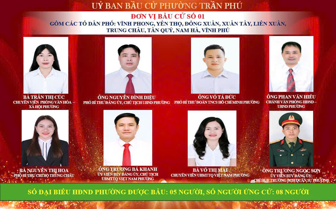 Ủy ban bầu cử phường Trần Phú trân trọng giới thiệu các đồng chí ứng cử  đại biểu HĐND phường tại đơn vị bầu cử số 01  